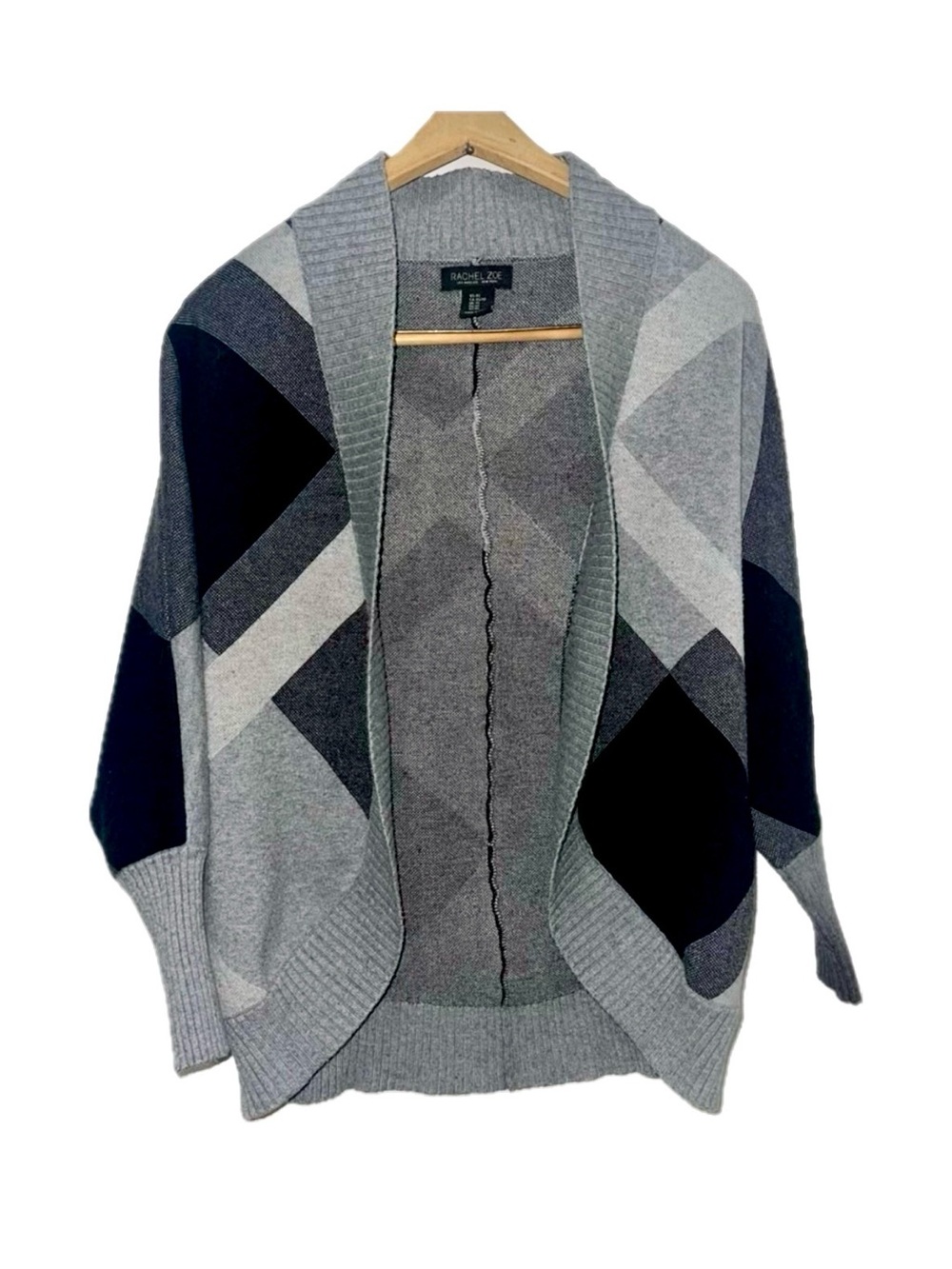 Oversized Geometric Cardigan Grey Block Plaid Knitwear Sweater Size XS RachelZoe